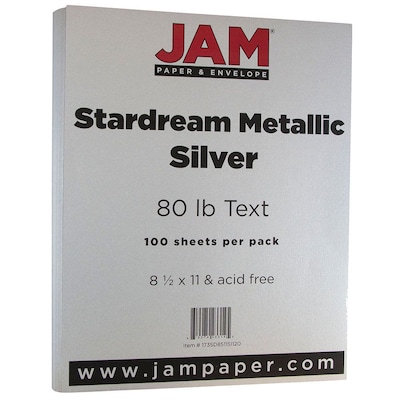 JAM Paper Metallic Colored Paper, 32 lbs., 8.5 x 11, Silver Stardream, 100 Sheets/Pack (173SD8511S