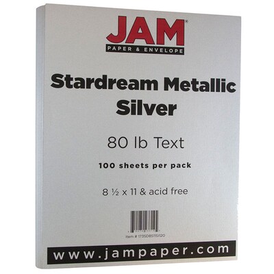 JAM Paper Metallic Colored Paper, 32 lbs., 8.5 x 11, Silver Stardream, 100 Sheets/Pack (173SD8511S