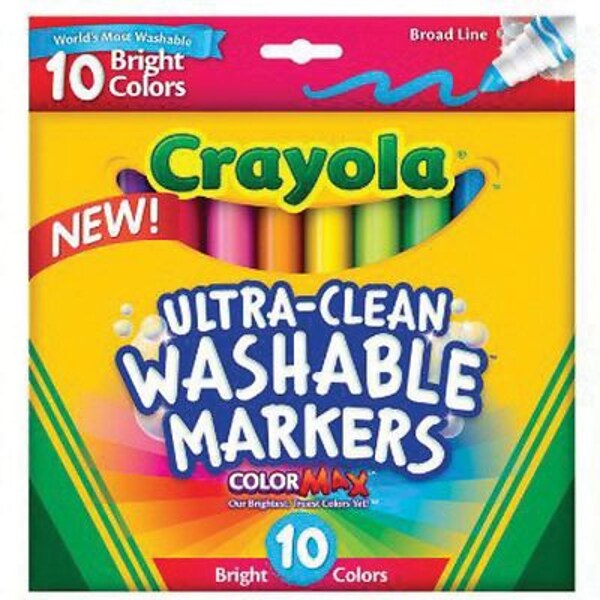 Crayola Ultra-Clean Washable Markers, Fine Line, Assorted Colors, 10/Box  (58-7852)