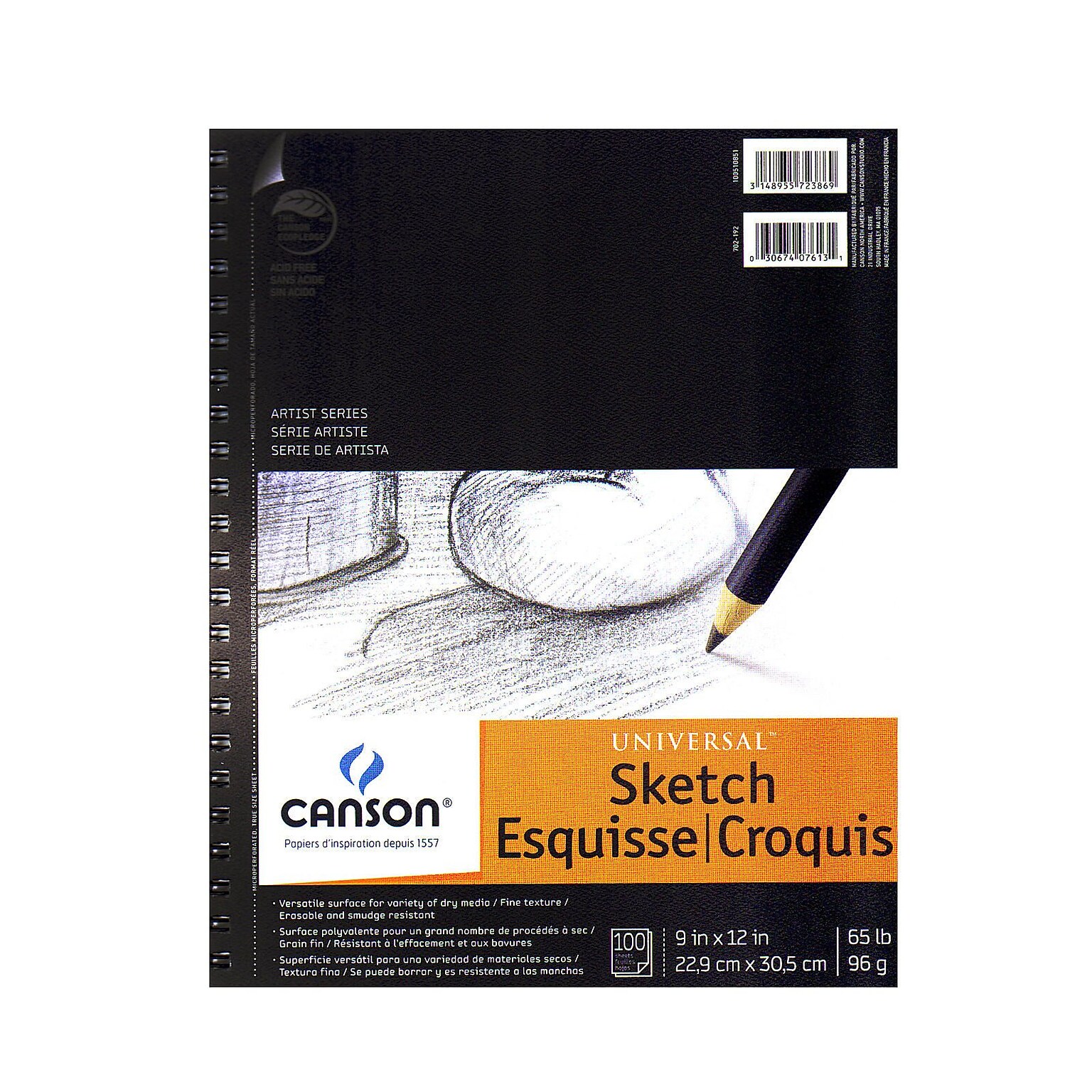 Canson 9 x 12 Spiral Bound Sketch Pad, 100 Sheets/Pad, 2/Pack (18686-PK2)