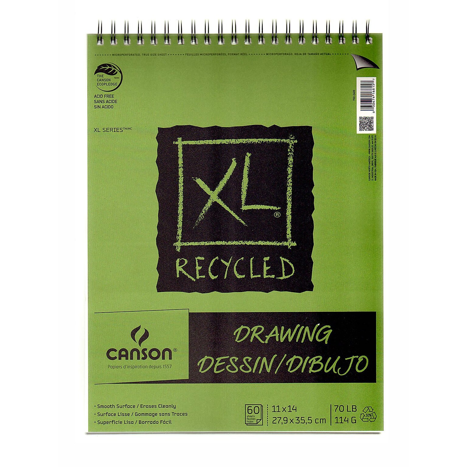 Canson XL Recycled 11 x 14 Wire Bound Drawing Sketch Pad, 60 Sheets/Pad (96474)