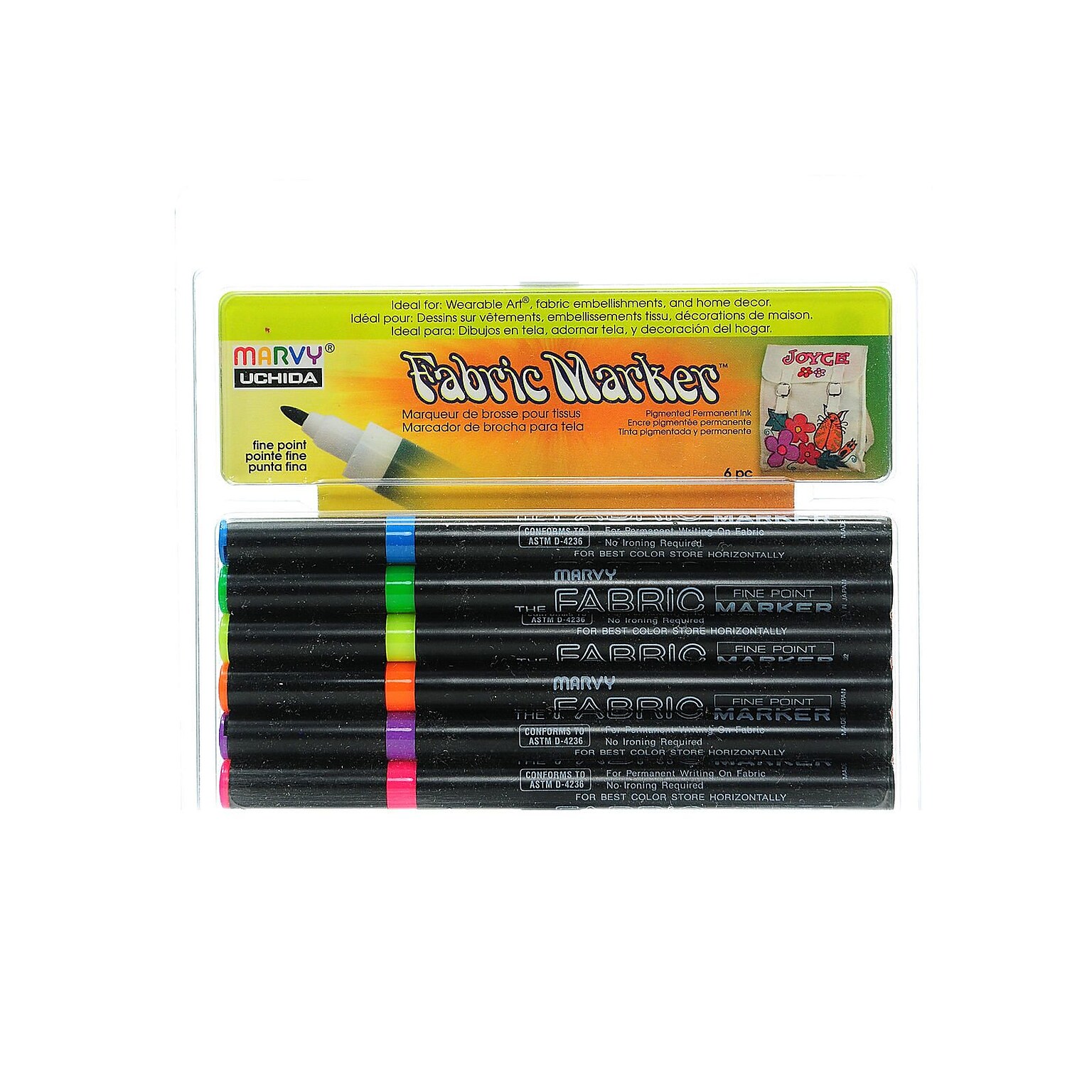 Marvy Uchida Fabric Markers, Fine Tip, Fluorescent, 6/Pack (15753)