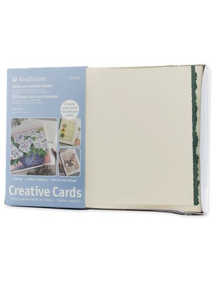 Strathmore Blank Greeting Cards With Envelopes White With Green Deckle Pack Of 50 (105-280-1)
