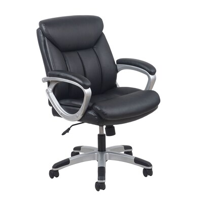 Essentials by OFM ESS-6020 Black Leather Chair, Swivel and Tilt Control, Fixed Loop Padded Arms, Painted Silver Frame