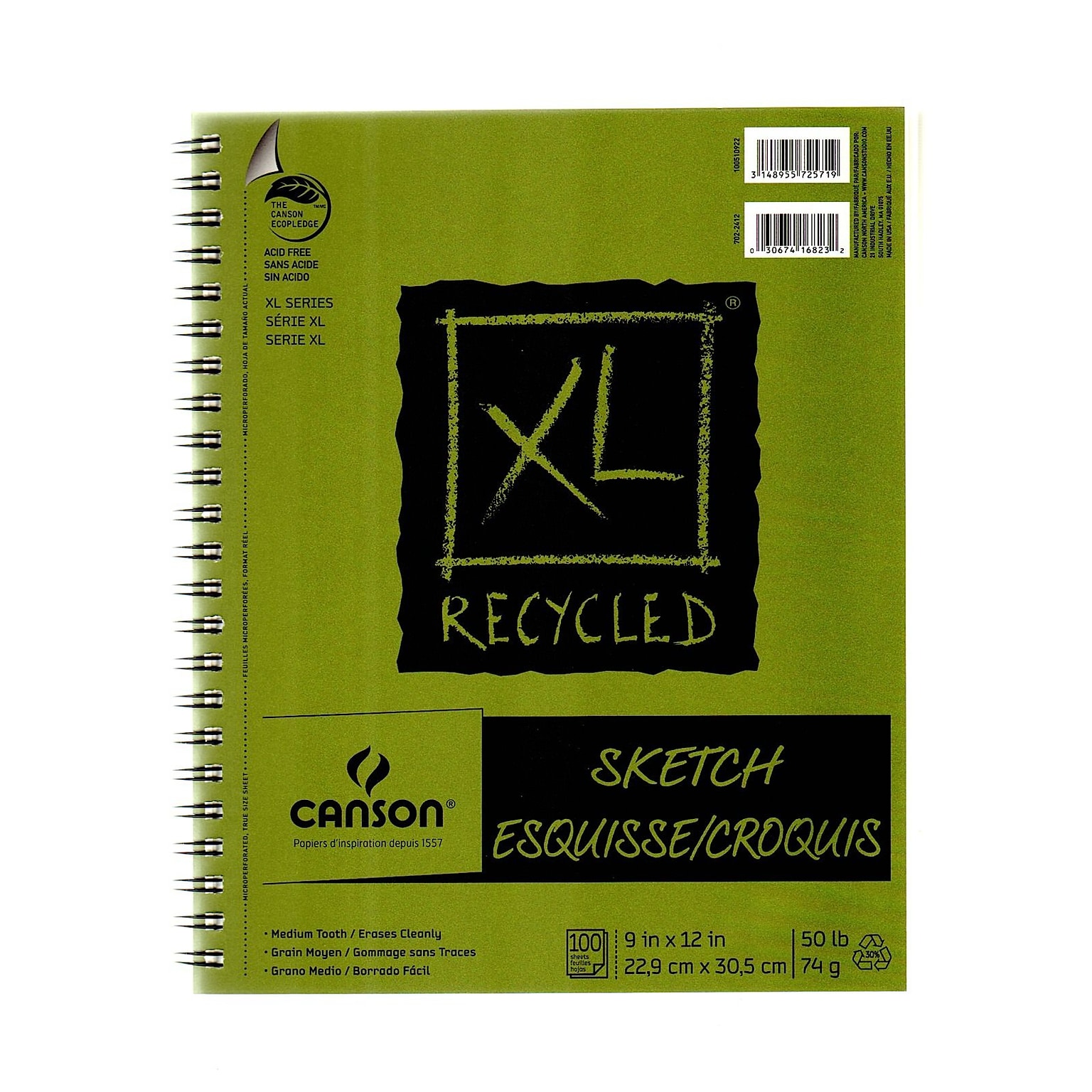 Canson XL Recycled 9 x 12 Wire Bound Sketch Pad, 100 Sheets/Pad, 3/Pack (52843-PK3)