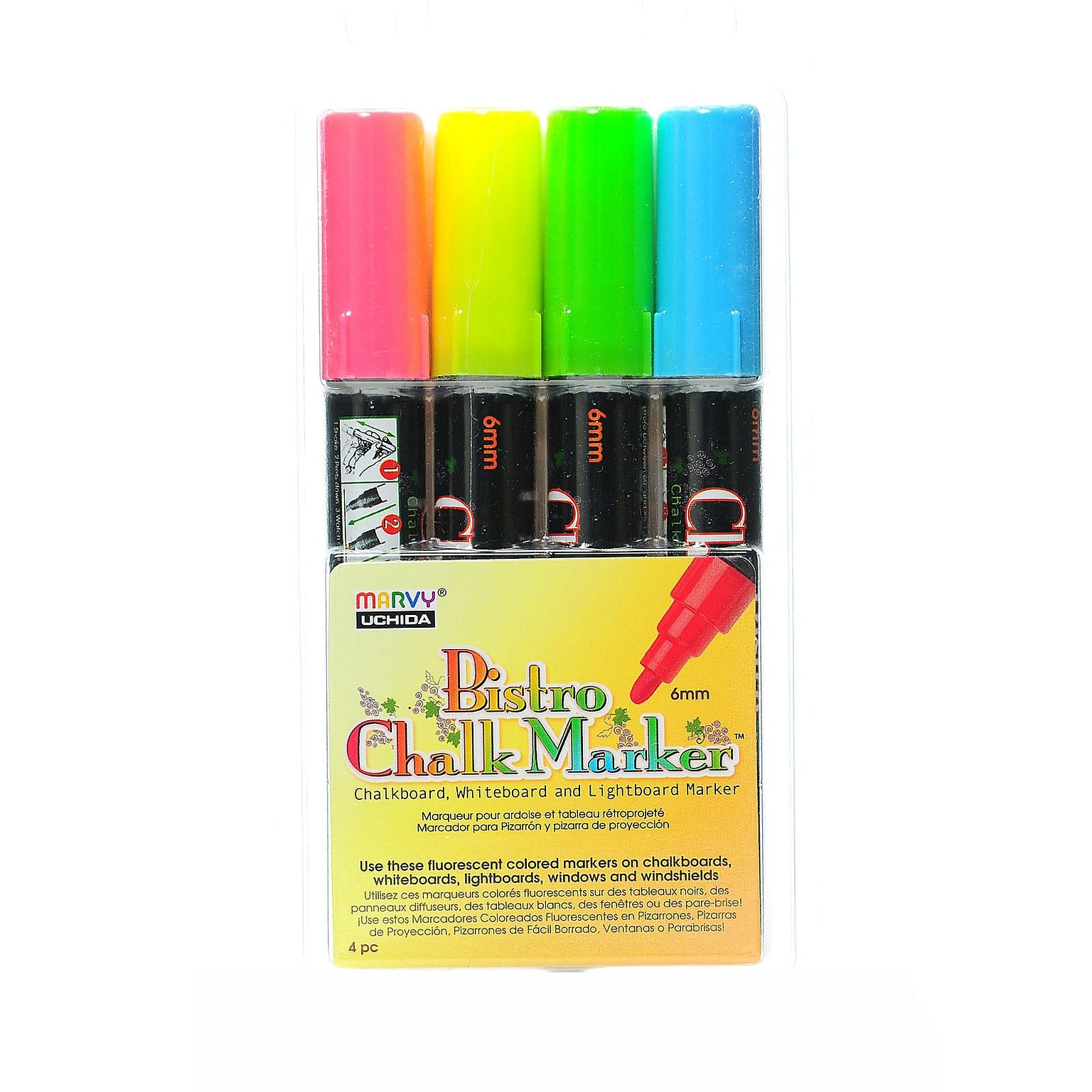 Marvy Uchida Bistro Chalk Marker Sets Broad Point Fl. Red, Fl. Blue, Fl. Green, Fl. Yellow [Pack Of 2] (2PK-480-4A)