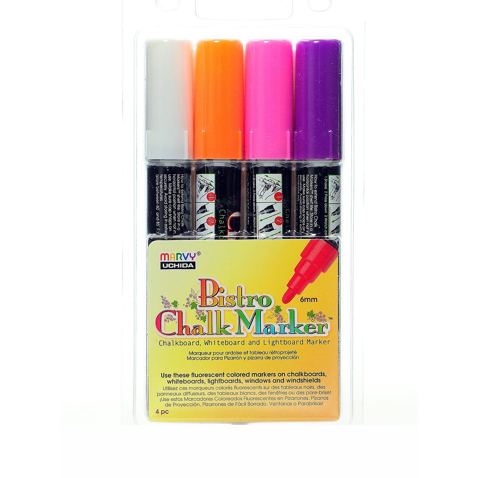 Marvy Uchida Bistro Chalk Marker Sets Broad Point White, Fl. Violet, Fl. Orange, Fl. Pink [Pack Of 2] (2PK-480-4B)
