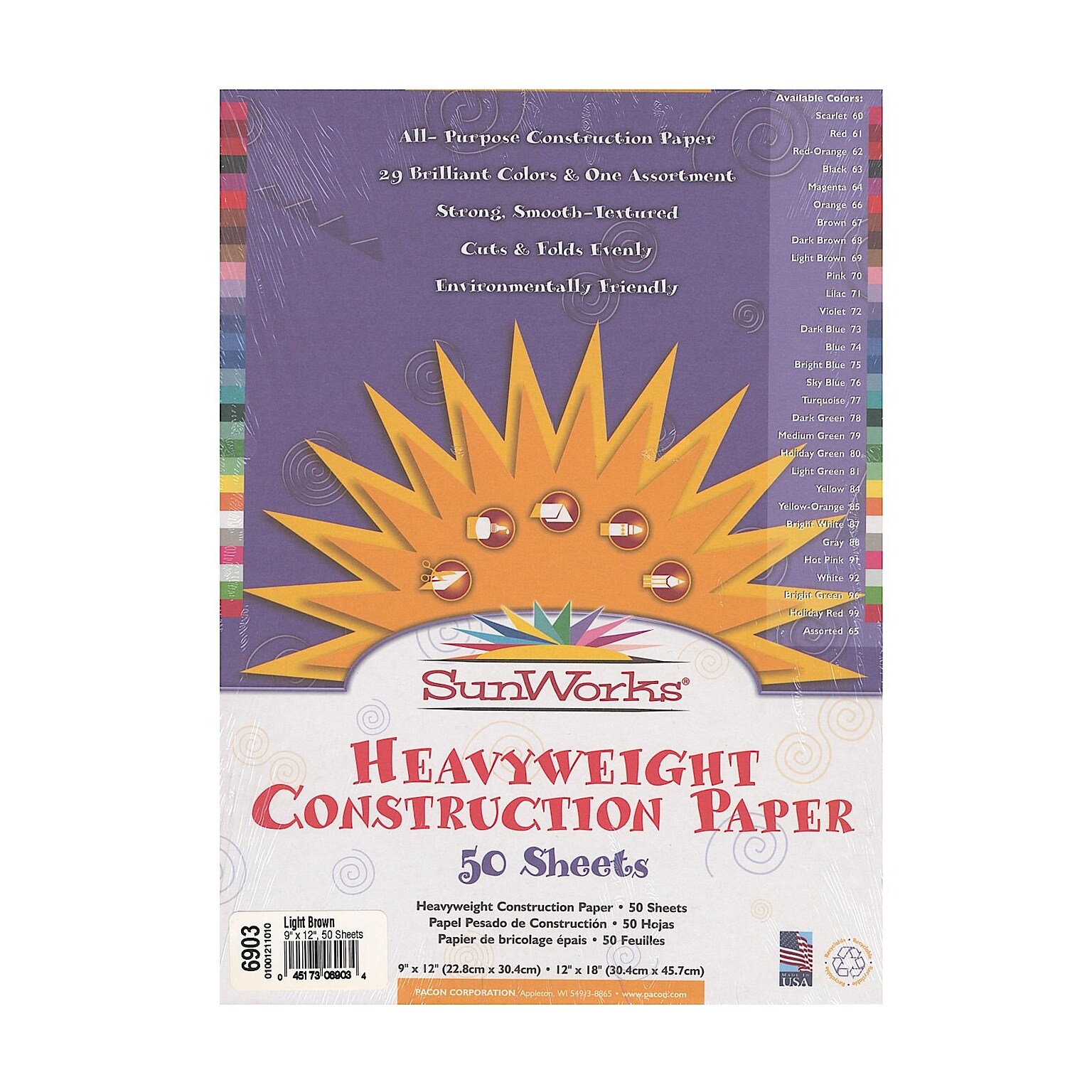 Pacon 9 x 12 Construction Paper, Light Brown, 50 Sheets/Pack, 5/Pack (75405-PK5)