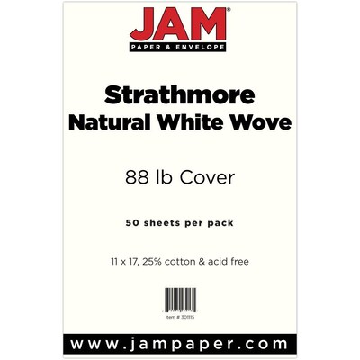 JAM Paper® 11" x 17" Tabloid Size Cardstock, Strathmore Natural White Wove 88lb, 50/Pack (17430341)