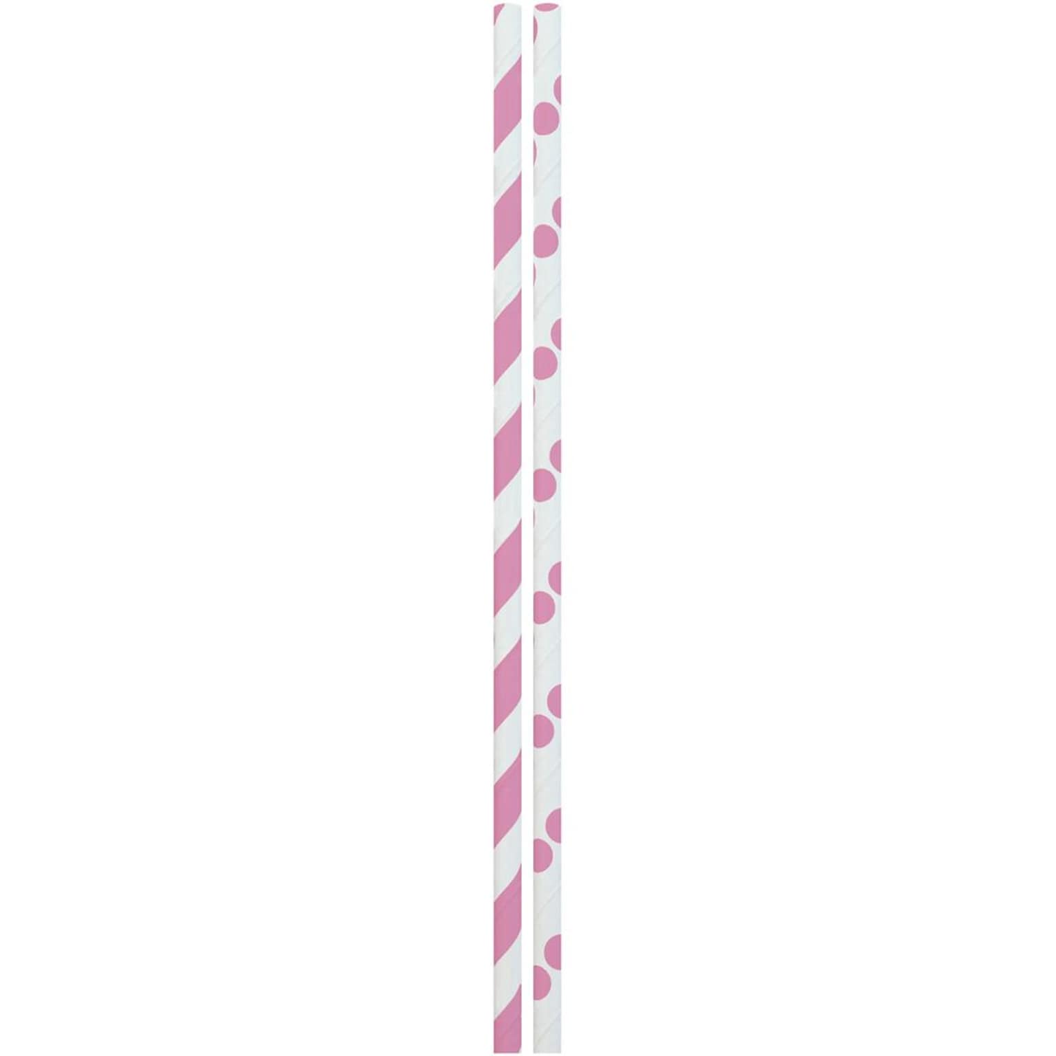 JAM Paper® Color Paper Straws, 7 3/4 x 1/4, Pink Stripes and Dots, 24/Pack (52662006970)