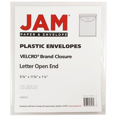 JAM Paper® Plastic Envelopes with Hook & Loop Closure, 9.75 x 11.75 with 1 Inch Expansion, Clear, 12/Pack (118V1CL)