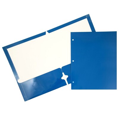 JAM Paper® Laminated Glossy 3 Hole Punch Two-Pocket School Folders, Blue, Bulk 25/Pack (385GHPBUD)