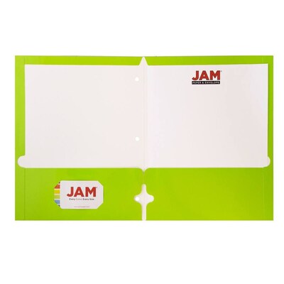 JAM Paper® Laminated Glossy 3 Hole Punch Two-Pocket School Folders, Lime Green, Bulk 25/Pack (385GHP