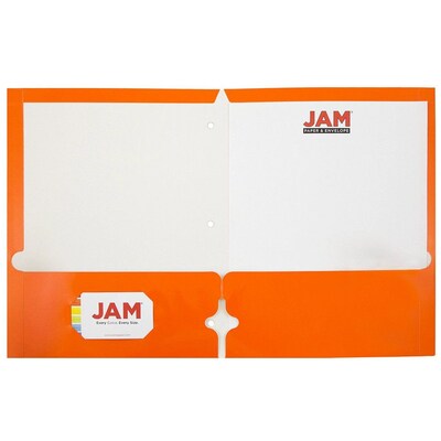 JAM Paper Laminated Glossy 3 Hole Punch Two-Pocket Folders, Orange, 100/Box (385GHPORB)