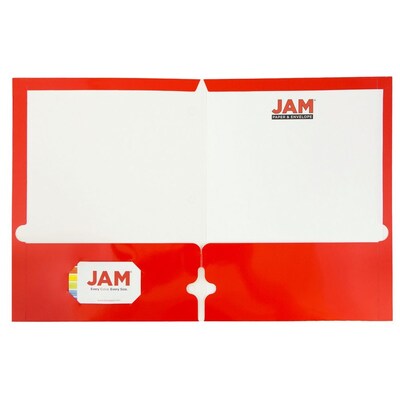 JAM Paper® Laminated Glossy 3 Hole Punch Two-Pocket School Folders, Red, Bulk 100/Box (385GHPREB)
