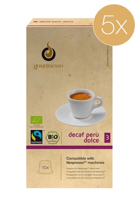 Gourmesso Coffee, Decaf Peru Dolce 5pack, 50 Nespresso compatible capsules (41801)