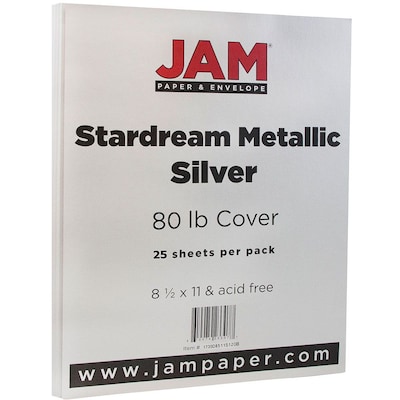 JAM Paper Metallic Colored 8.5" x 11" Paper, 32 lbs., Silver Stardream, 25 Sheets/Pack (173SD8511SI120B)