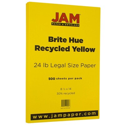 JAM Paper Smooth Colored 8.5 x 14 Copy Paper, 24 lbs., Yellow Recycled, 500 Sheets/Ream (0151050B)