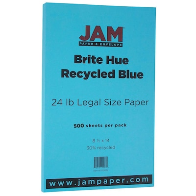 JAM Paper Smooth Colored  8.5 x 14 Copy Paper, 24 lbs., Blue Recycled, 500 Sheets/Ream (0151052B)