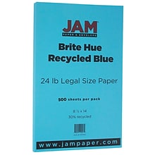 JAM Paper® Smooth Colored Paper, 24 lbs., 8.5 x 14, Blue Recycled, 500 Sheets/Ream (0151052B)