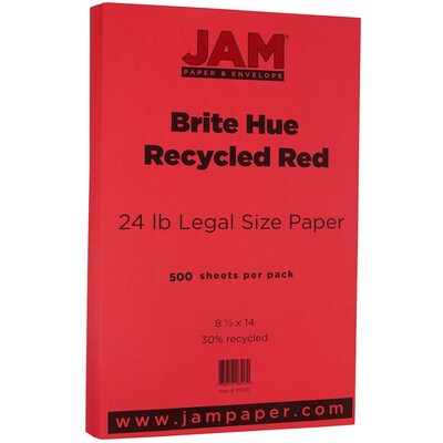 JAM Paper 30% Recycled 8.5 x 14 Color Copy Paper, 24 lbs., Red, 500 Sheets/Ream (101337B)