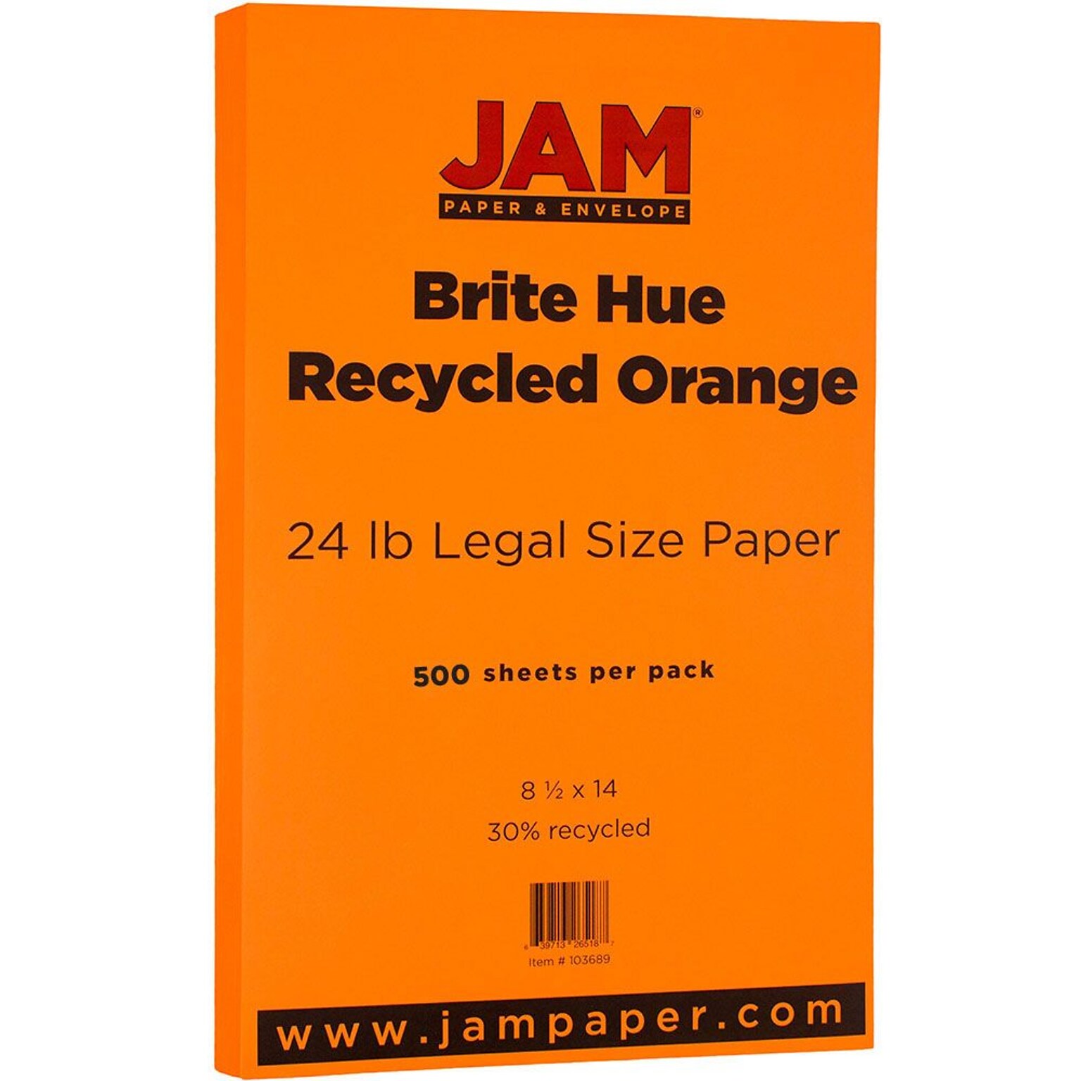 JAM Paper Smooth Colored Paper, 24 lbs., 8.5 x 14, Orange Recycled, 500 Sheets/Ream (103689B)