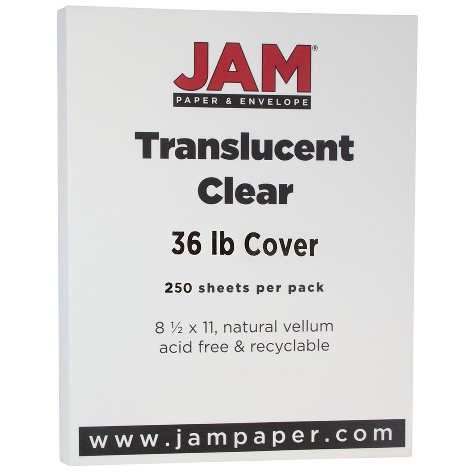 JAM Paper® Translucent Vellum 36lb Colored Cardstock, 8.5 x 11 Coverstock, Clear, 250 Sheets/Ream (1566B)