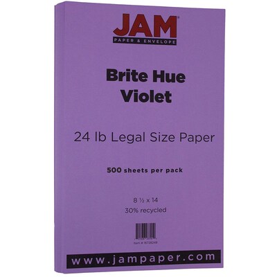 JAM Paper® Smooth Colored Paper, 24 lbs., 8.5 x 14, Violet Purple Recycled, 500 Sheets/Ream (16728248B)