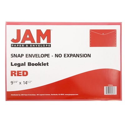 JAM Paper® Plastic Envelopes with Snap Closure, Legal Booklet, 9.75 x 14.5, Red, 12/Pack (34830RE)