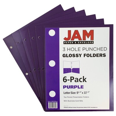 JAM Paper Laminated Glossy 3 Hole Punch Two-Pocket Folders, Purple, 6/Pack (385GHPPUA)