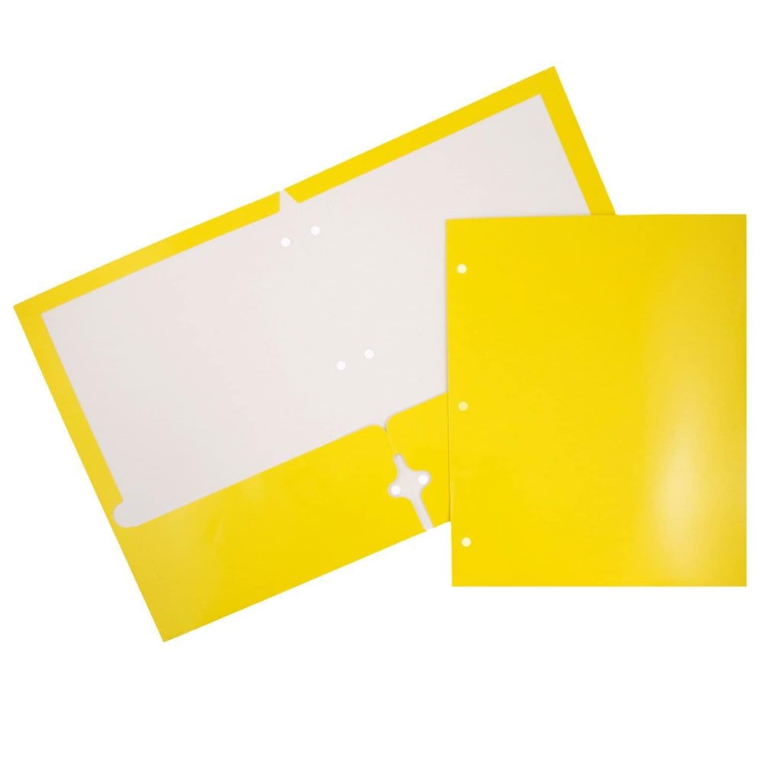 JAM Paper Laminated Glossy 3 Hole Punch Two-Pocket Folders, Yellow, 100/Box (385GHPYEB)