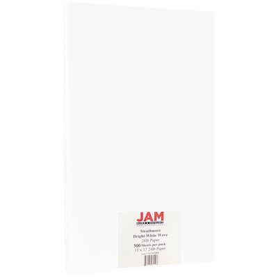 JAM Paper® Ledger Strathmore 24lb Paper, 11 x 17 Tabloid, Bright White Wove, 500 Sheets/Ream (517470