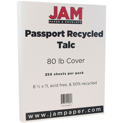 JAM Paper® Recycled Cardstock, 8.5 x 11, 80lb Talc White, 250/box (882415B)