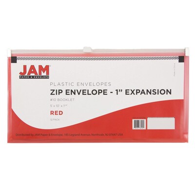 JAM Paper® #10 Plastic Envelopes with Zip Closure, 5 x 10, Red Poly, 12/pack (921Z1RE)