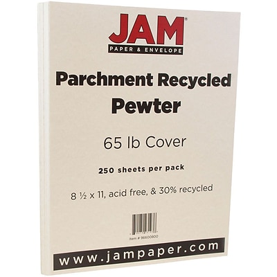 JAM Paper® Parchment 65lb Cardstock, 8.5 x 11 Coverstock, Pewter Gray Recycled, 250 Sheets/Ream (96600800B)