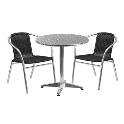 Flash Furniture 27.5 Round Aluminum Indoor-Outdoor Table with 2 Black Rattan Chairs (TLH-ALUM-28RD-020BKCHR2-GG)