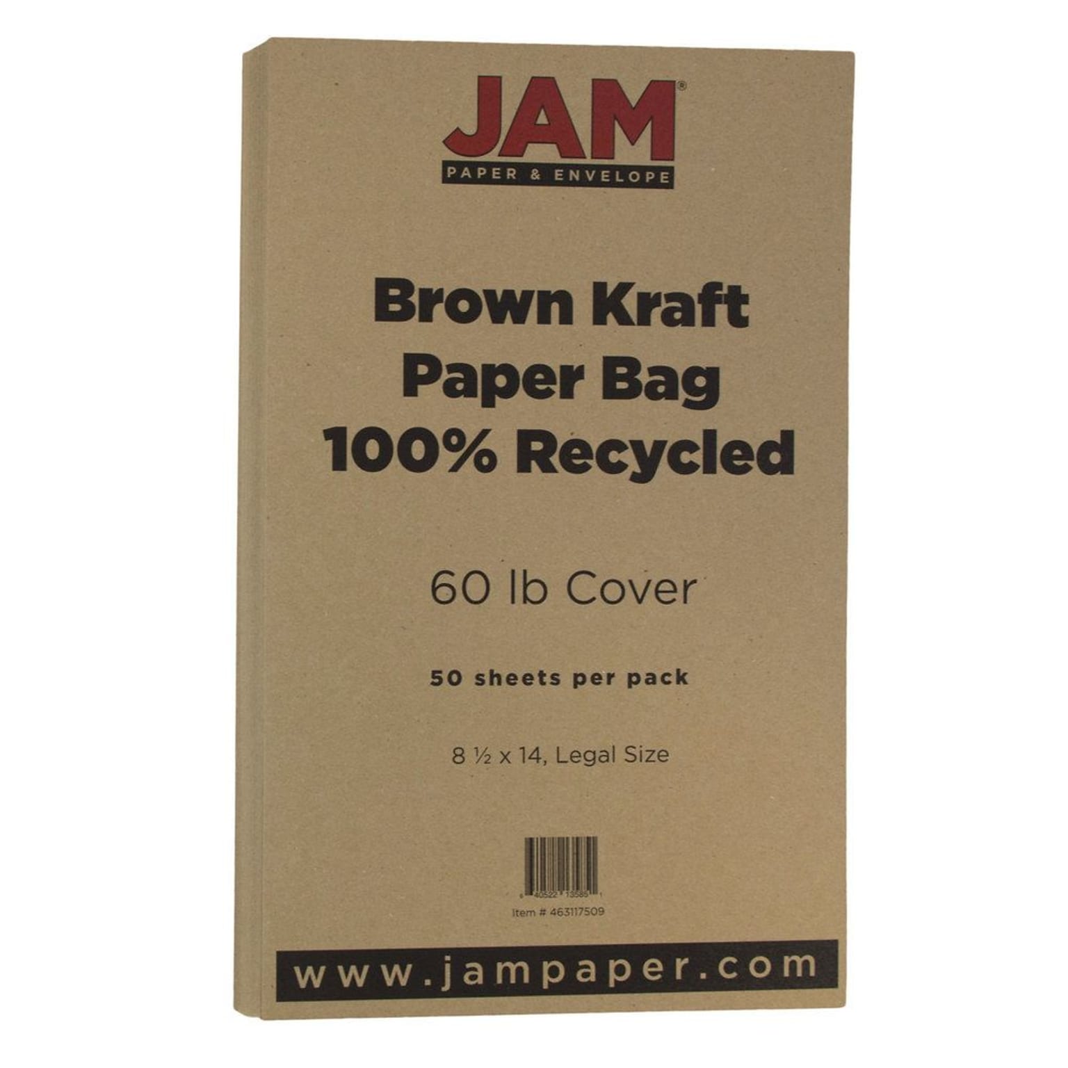 JAM Paper 60 lb. Cardstock Paper, 8.5 x 14, Brown Kraft Paper Bag, 50 Sheets/Pack (463117509)