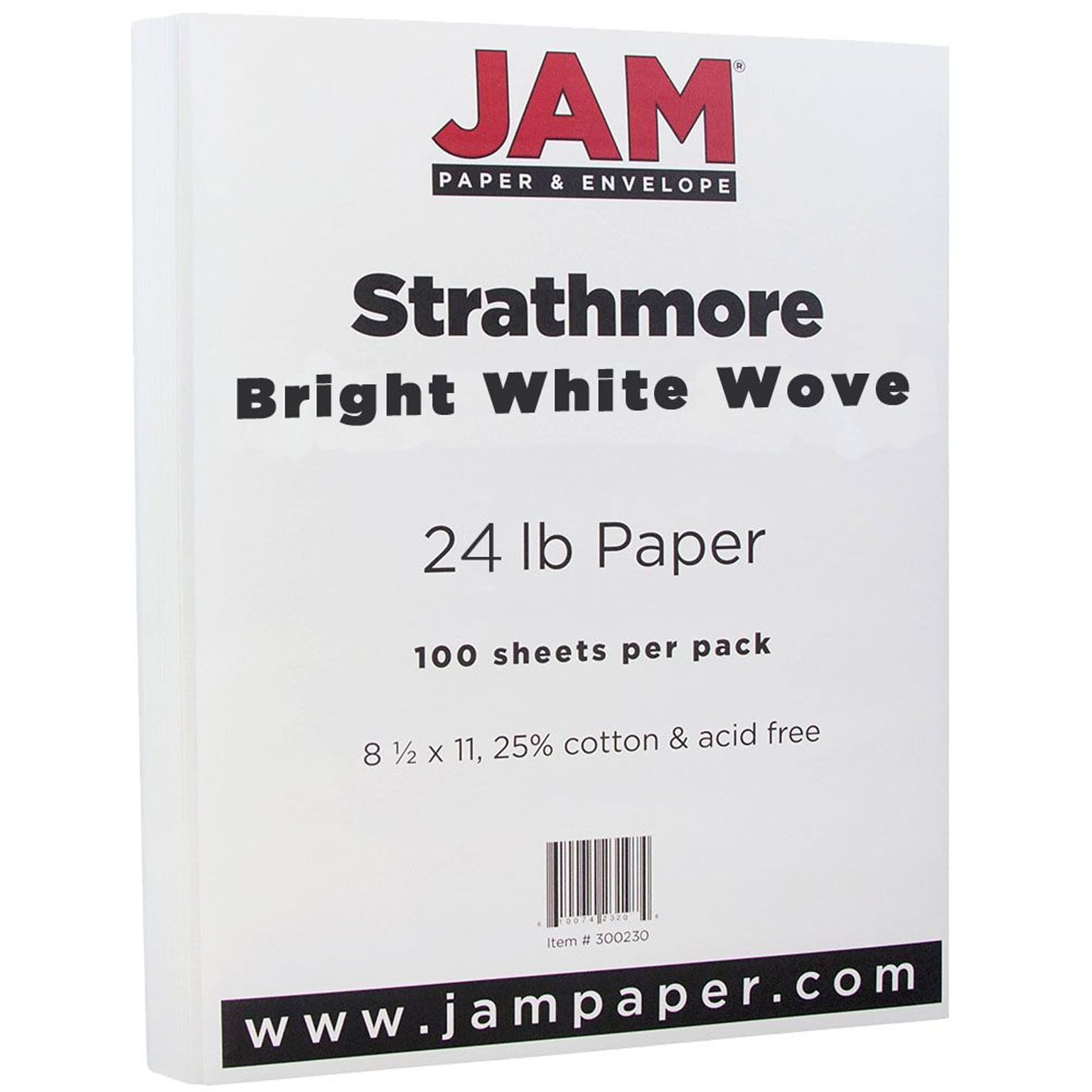 JAM Paper® Strathmore 24lb Paper, 8.5 x 11, Bright White Wove, 100 Sheets/Pack (300220)