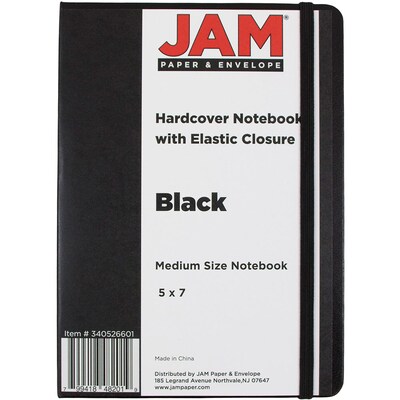 JAM Paper Hardcover Notebook with Elastic, Medium Journal, 5 x 7, Black, 100 Lined Sheets, Sold Individually (340526601)