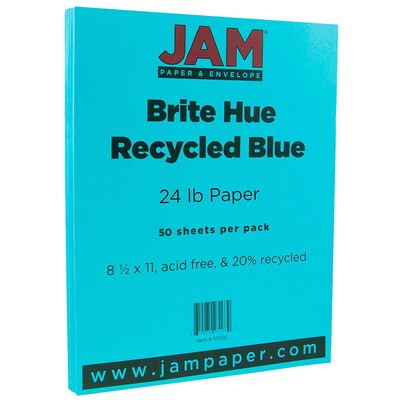 JAM Paper® Smooth Colored Paper, 24 lbs., 8.5 x 11, Blue Recycled, 50 Sheets/Pack (101592A)
