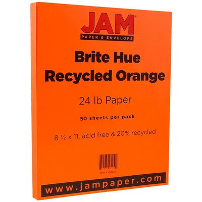JAM Paper® Smooth Colored Paper, 24 lbs., 8.5 x 11, Orange Recycled, 50 Sheets/Pack (103655A)