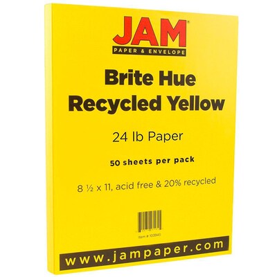 JAM Paper® Smooth Colored Paper, 24 lbs., 8.5 x 11, Yellow Recycled, 50 Sheets/Pack (103945A)