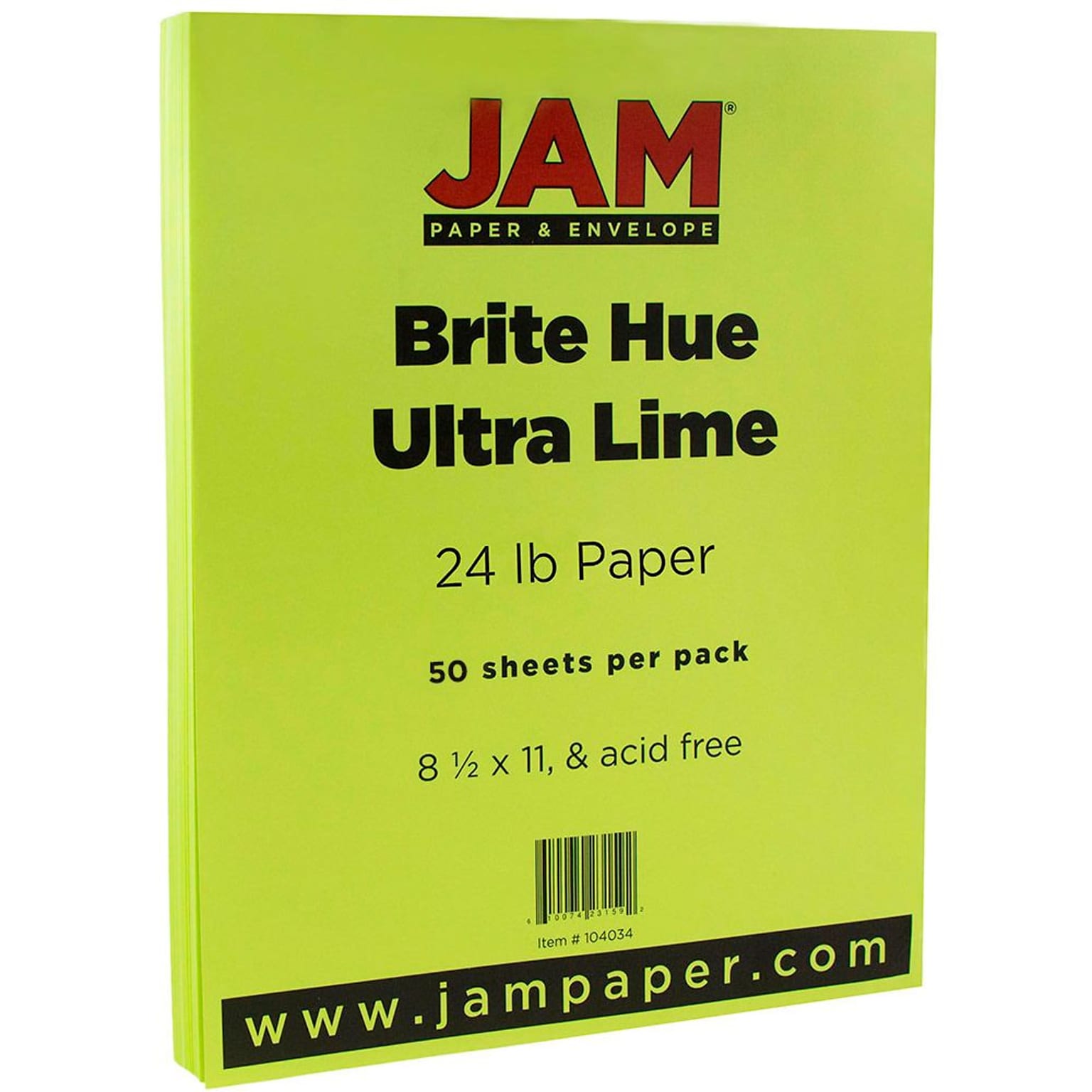 JAM Paper Smooth Colored 8.5 x 11 Copy Paper, 24 lbs., Ultra Lime Green, 50 Sheets/Pack (104034A)