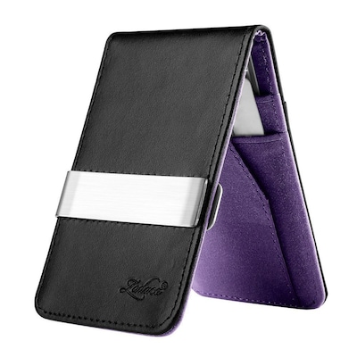 Zodaca Mens Faux Genuine Leather Silver Money Clip Wallets ID Credit Card Holder - Black/Purple (1885903)