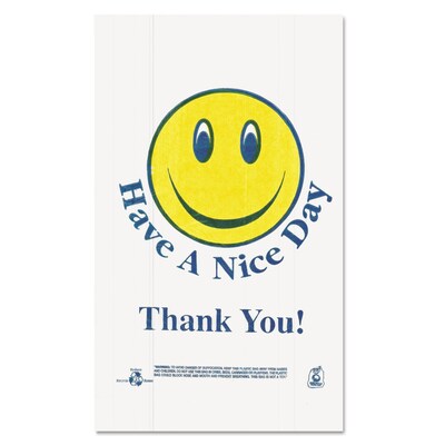 Barnes Paper CO. Smiley Face 21" X 11.5" Plastic Shopping Bags, 900/Carton (BPC T1/6SMILEY)