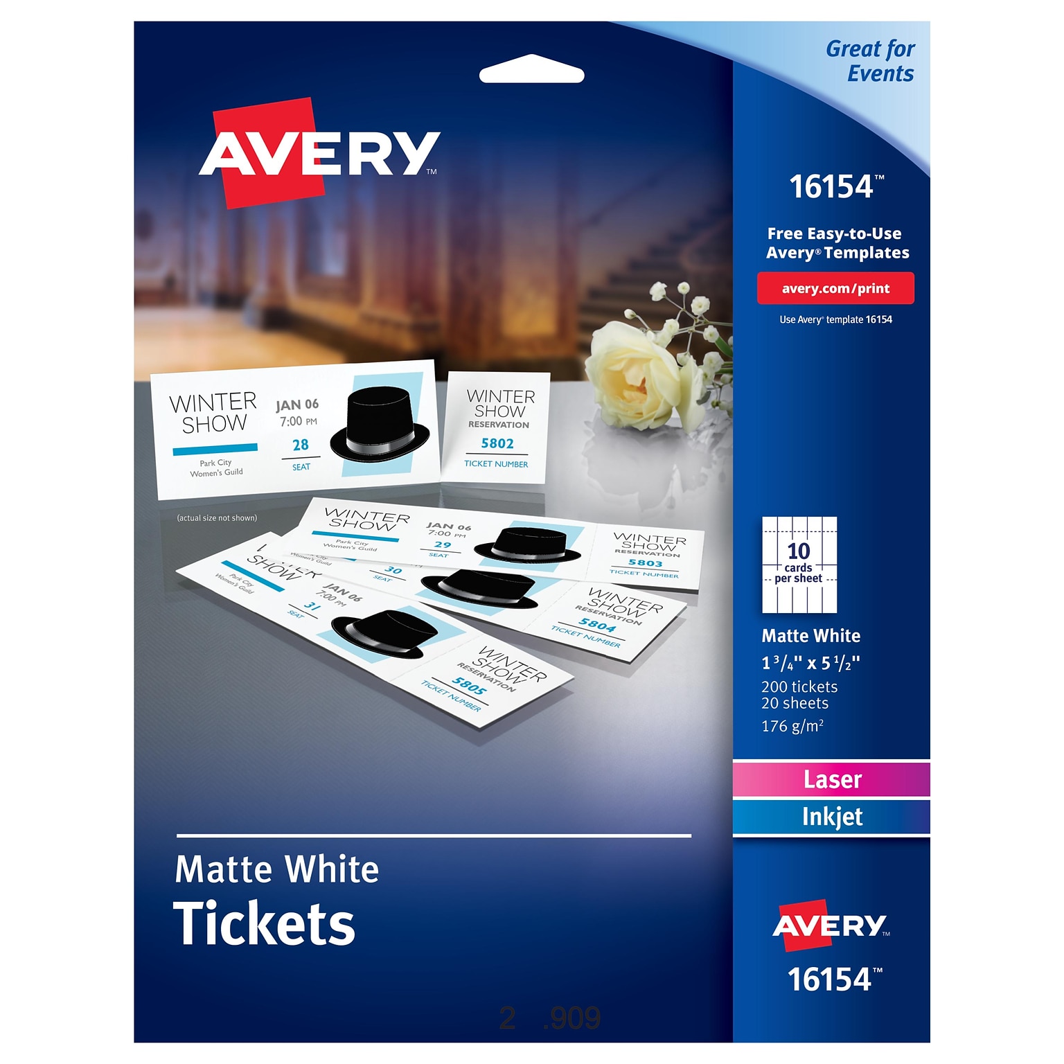 Avery Printable Tickets with Tear-Away Stubs, Matte White, 1.75 x 5.5, Laser/Inkjet, 200/Pack (16154)