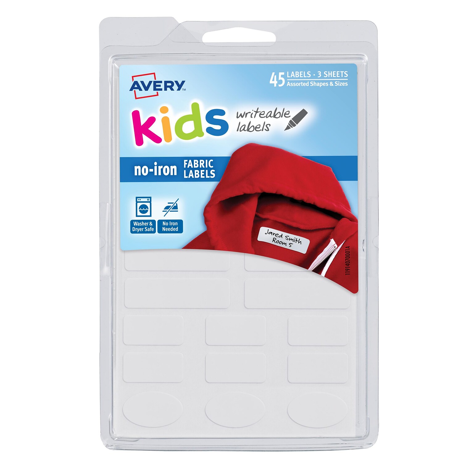 Avery Kids No-Iron Fabric Labels, Assorted Sizes, White, 45/Pack (40700)