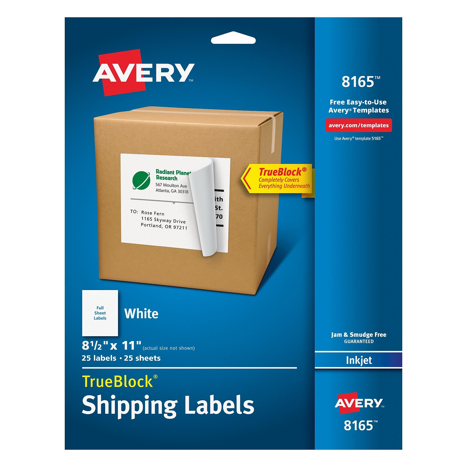 Avery TrueBlock Inkjet Shipping Labels, 8-1/2 x 11, White, 1 Labels/Sheet, 25 Sheets/Pack (8165)