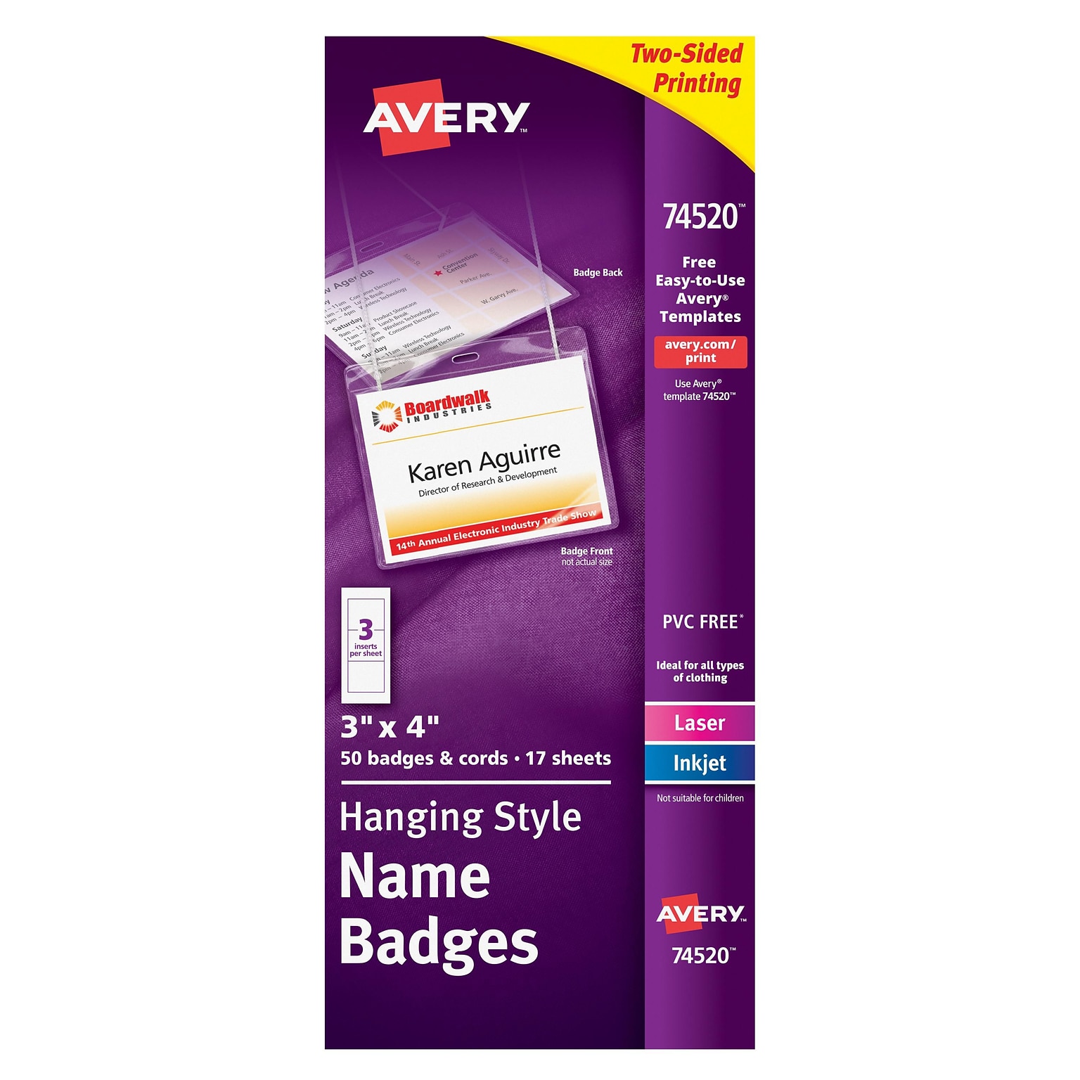 Avery Hanging Style Laser/Inkjet Name Badge Kit, 3 x 4, Clear Holders with White Inserts, 50 Badges Per Box (74520)