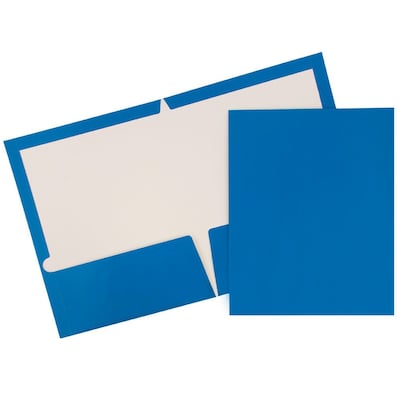 JAM Paper® Laminated Two-Pocket Glossy Presentation Folders, Blue, 25/Pack (385GBUD)